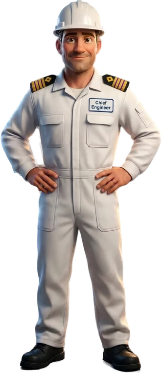 The Chief, an illustrated chief engineer in a white boiler suit and helmet